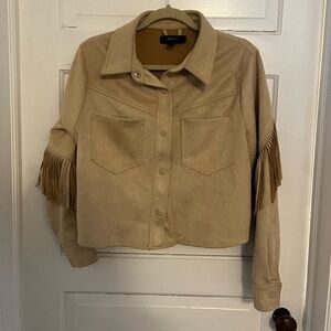 Tan Fringe Faux Suede Cropped Women's Jacket